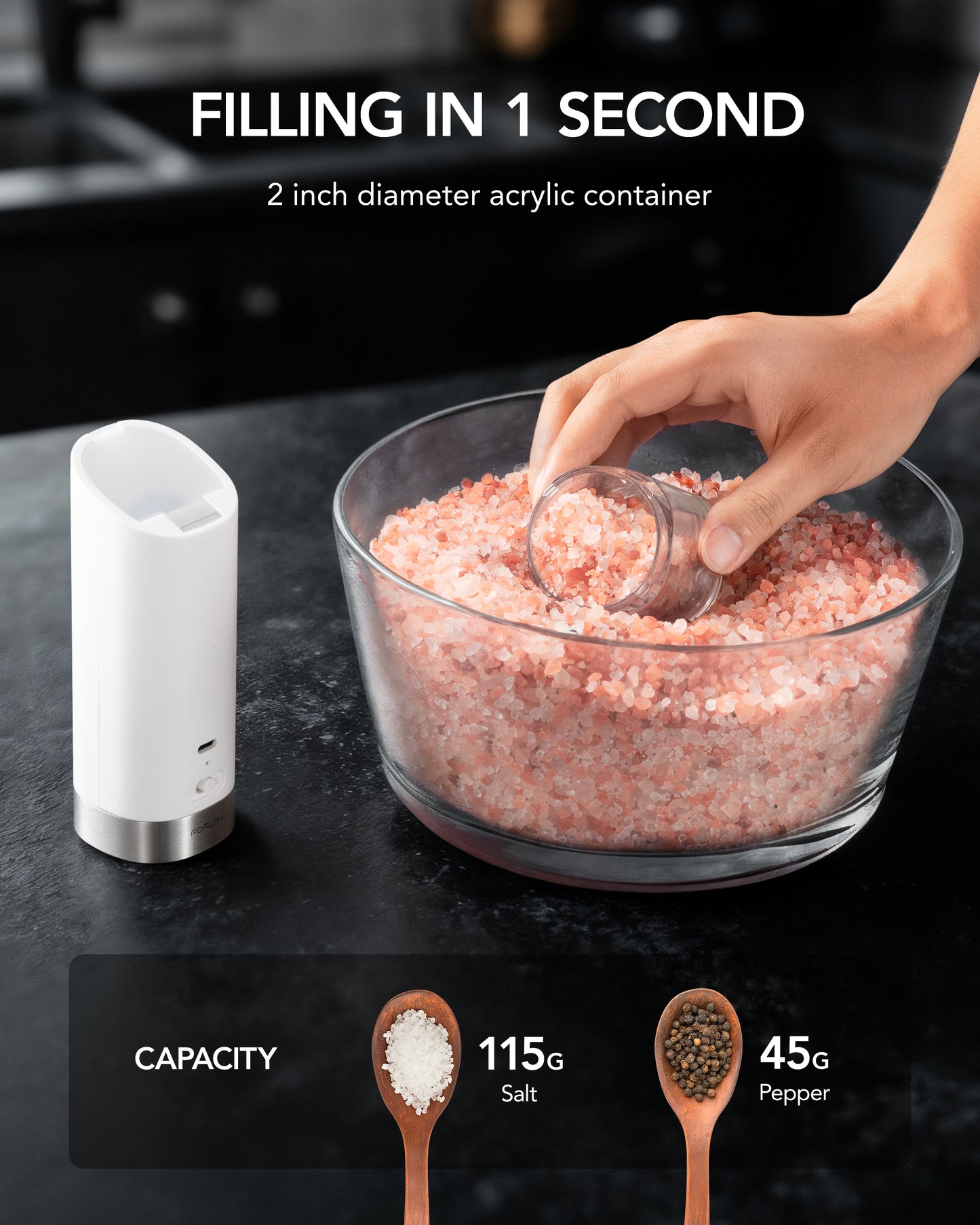 FORLIM USB Rechargeable Salt and pepper grinder set,with Integrated Dust Cover, Gravity-Operated Pepper Mill, Adjustable Coarseness, Portable and Suitable for Travel and Outdoor(White&Black)