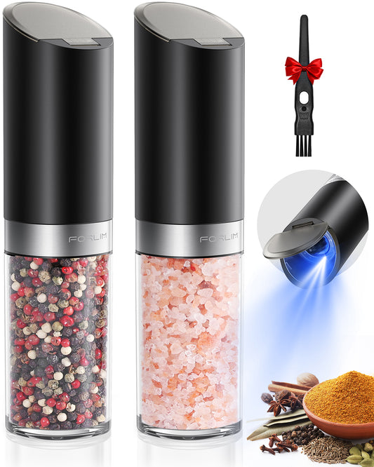 FORLIM Gravity Electric Salt and Pepper Grinder Set with Dust Cover LED Upgraded Batteries Powered Automatic Pepper Grinder Adjustable Coarseness, XL Capacity for Kitchen Travel, Black