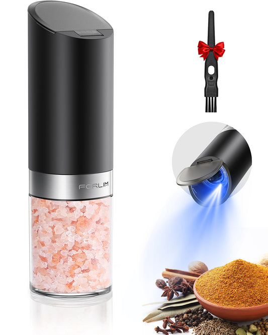 FORLIM Gravity Electric Salt and Pepper Grinder with Dust Cover LED Upgraded Batteries Powered Automatic Pepper Grinder Adjustable Coarseness, L Capacity for Kitchen Travel, Black