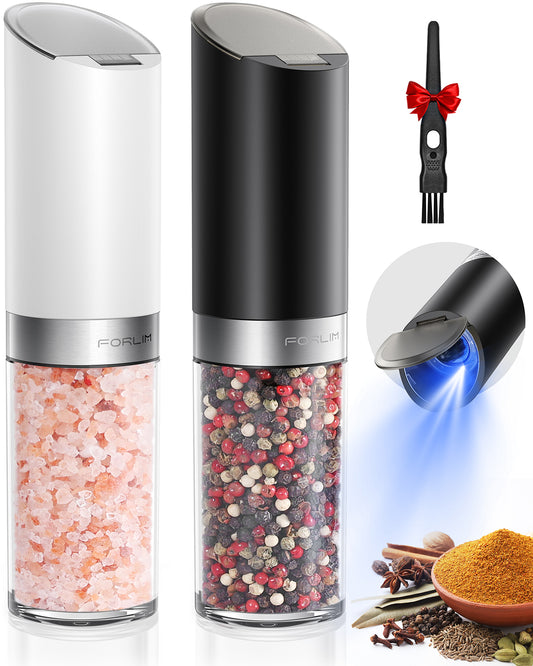 FORLIM Gravity Electric Salt and Pepper Grinder Set with Dust Cover LED Upgraded Batteries Powered Automatic Pepper Grinder Adjustable Coarseness, XL Capacity for Kitchen Travel, White & Black