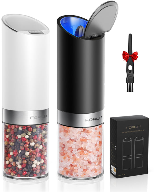 FORLIM Gravity Electric Salt and Pepper Grinder Set with Dust Cover LED Upgraded Batteries Powered Automatic Pepper Grinder Adjustable Coarseness, L Capacity for Kitchen Travel, White & Black